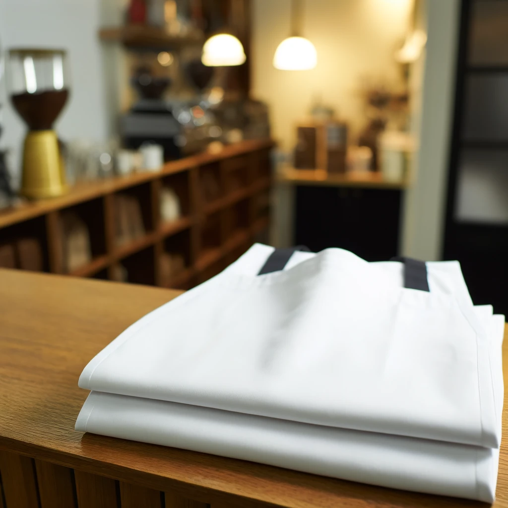 two white aprons on a coffee shop counter