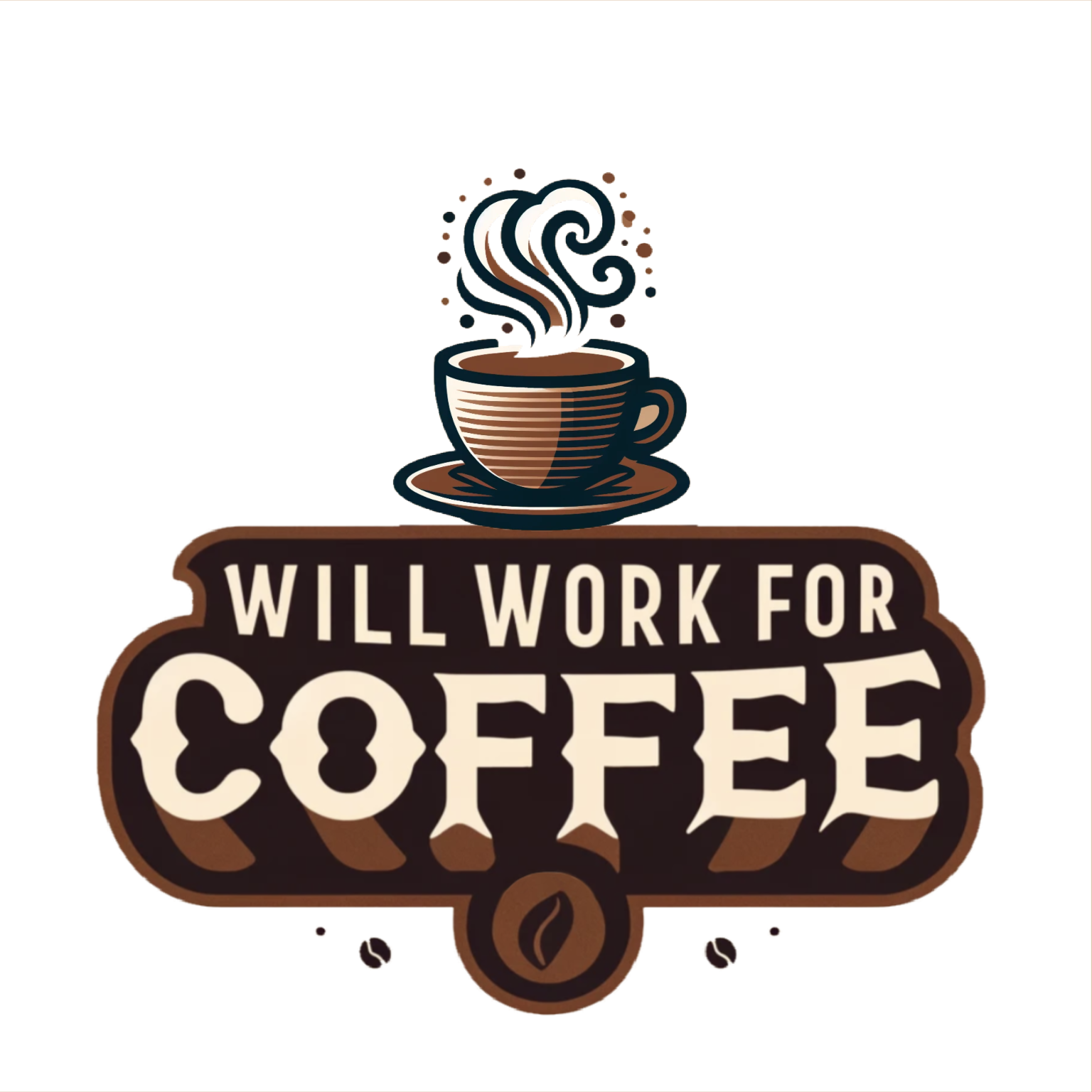 "Will work for Coffee" logo featuring graphic of a steaming cup of coffee